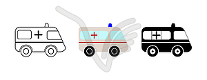 Set of 3 ambulance cars, color, outline and - vector image