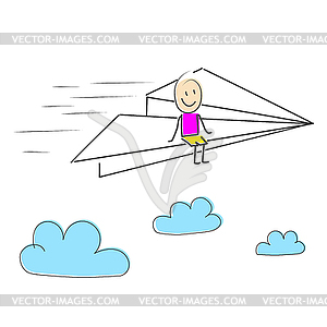 Hand-drawn man sits on wing of paper airplane - vector clipart