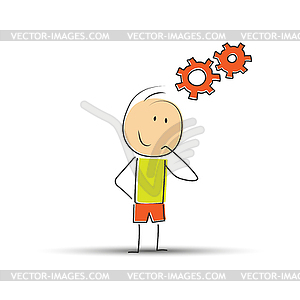 Hand-drawn man thinking about work and two gears - vector image