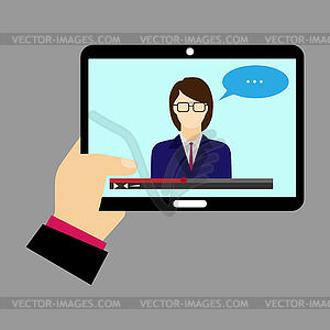 Tablet with remote subscriber in male hand - vector EPS clipart