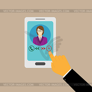 Male hand rejects call on smartphone - vector image