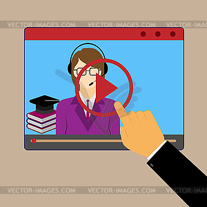 Male hand launches video tutorial with e-learning - vector clip art