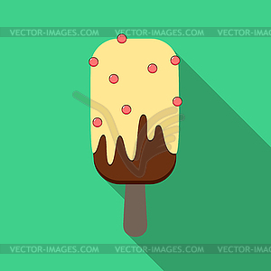 Chocolate ice cream with icing and scattering on - vector image