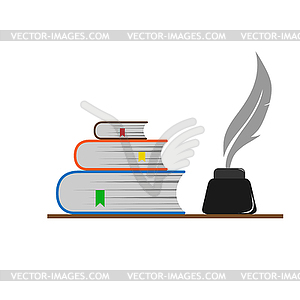 Stack of books with bookmarks and ink with pen - vector image