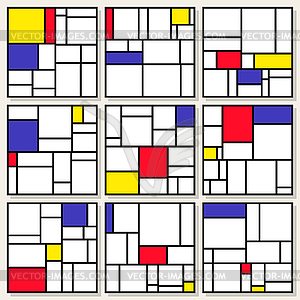 Set Of Nine Square Compositions in Piet Mondrian - vector clip art