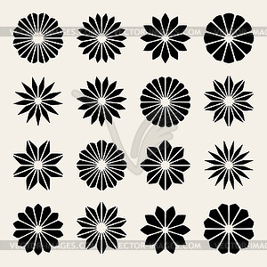 Set of Sixteen Black White Flower Petal Star Shape - royalty-free vector clipart