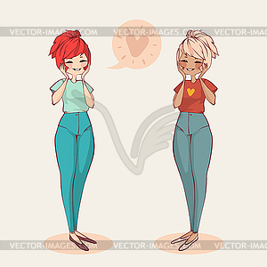 Two Cute Smiling Girls Speaking About Love - vector clipart