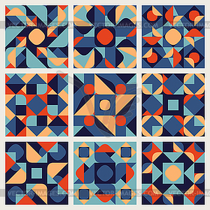 Set of Nine Seamless Blue Orange White Color Retro - vector image