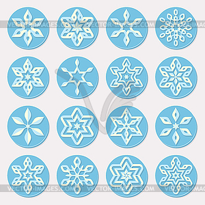 Set of Sixteen Blue Shades Snowflake Ornaments - vector image