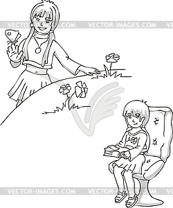 Girls - with butterfly on field and with book on chair - vector clip art