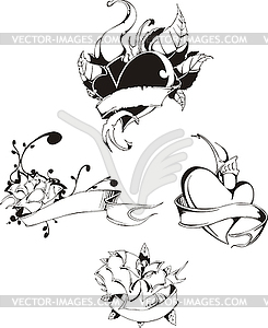 Hearts and flowers with ribbons - vector clip art