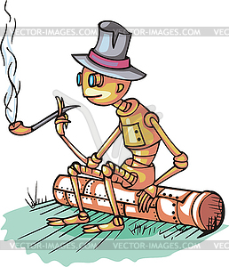 Robot sits on pipe and smokes - vector clipart