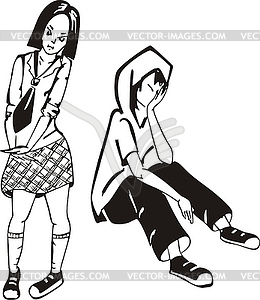 Sad boy and girl - white & black vector clipart