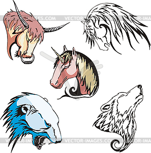 Heads of wolf, polar bear, unicorn, horse and bull - vector image