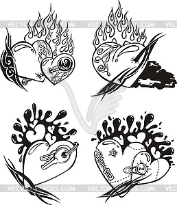 Stylized Tattoos with Hearts - vector clip art