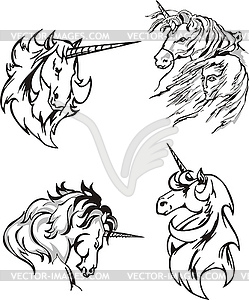 Four unicorn sketches - white & black vector clipart