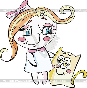 Little girl with kitty - color vector clipart