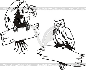 Vulture and owl with boards - vector image