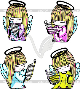 Little angel girls with harp - vector clipart