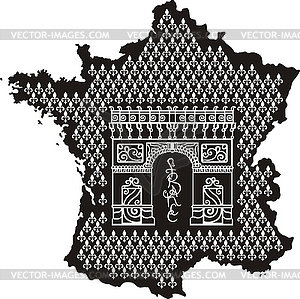 Contour of France with Arc de Triomphe - vector clipart