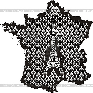 Contour of France with Eiffel Tower - vector clipart