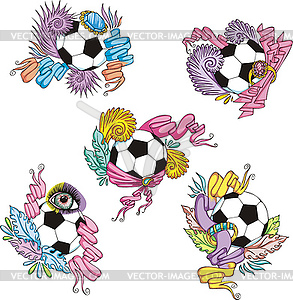 Stylized soccer balls with ribbons - vector clipart