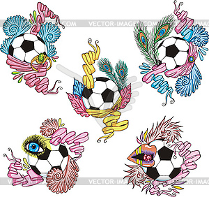 Stylized soccer balls with ribbons - vector image