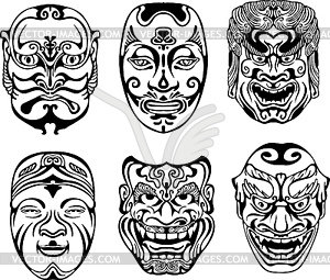 Japanese Nogaku Theatrical Masks - vector clip art