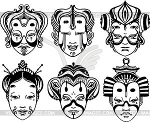 Japanese Tsure Noh Theatrical Masks - vector clip art