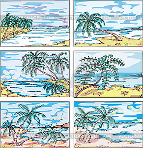 Sketches of landscapes with palm trees on sea coast - vector clip art