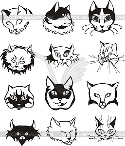 Set of outline cat heads - vector image