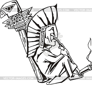 Native shaman smoking tobacco-pipe - vector image