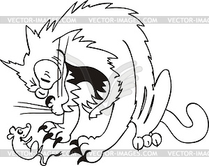 Aggressive cat caught mouse - vector clip art