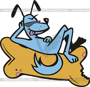 Comic dog lying on bone - vector image