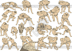 Hokusai japanese manga - Fighting and training - vector clipart