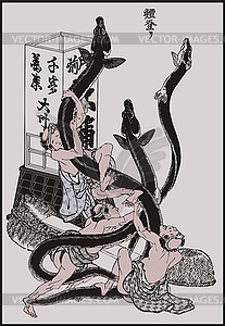 Hokusai manga - Japanese fishermen hold giant eels - vector clipart