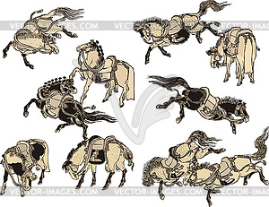 Hokusai japanese manga - Horses - vector image