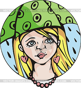 Round portrait of young cute girl under umbrella - vector clip art