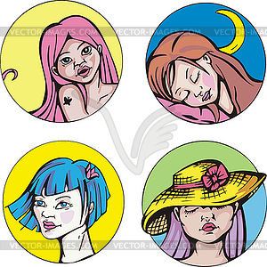 Round portraits of young cute women - royalty-free vector image