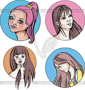 Round portraits of young cute women - vector clipart