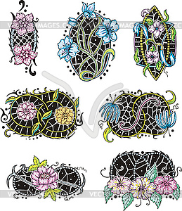 Oval-shaped flower ornamental decorations - vector clip art