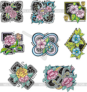 Square and rhombus-shaped flower decorations - vector clipart