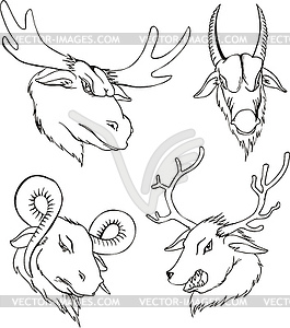 Aggressive heads of deers and goats - royalty-free vector clipart