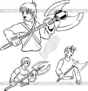 Anime warriors with poleaxe - vector image