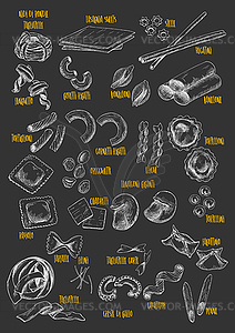 Pasta or macaroni chalk sketch icons - vector clipart