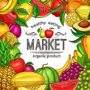 Fresh fruit and berry sketch frame for food design - vector image