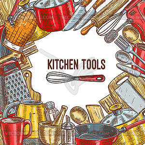 Kitchen tool, utensil or kitchenware sketch poster - vector clipart