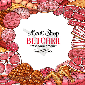 Бутчерный магазин с рамой из мяса и колбасы - векторизованный клипарт