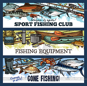 Fisherman sport fishing club sketch banners - vector clipart