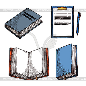 Sketch old vintage books abd notepad icons - vector clipart